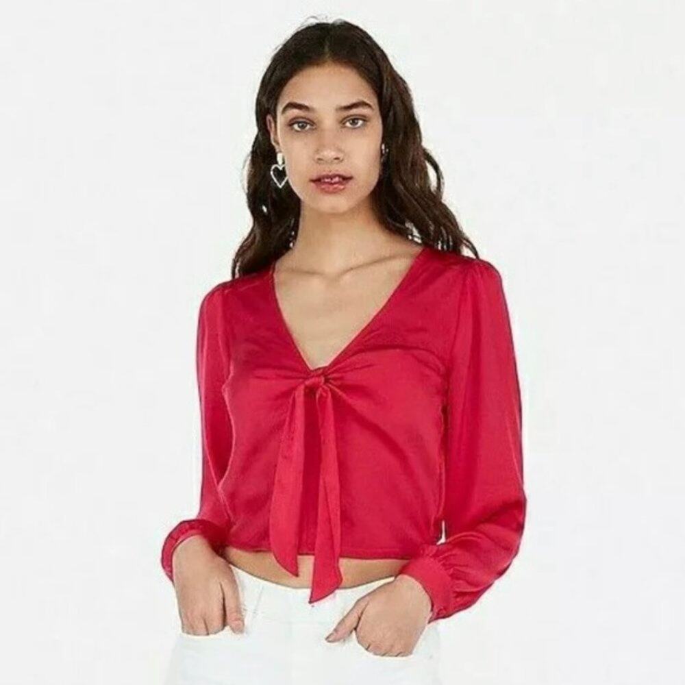 NWT Express Satin Pink Tie Front Long Sleeve Cropped Blouse Top